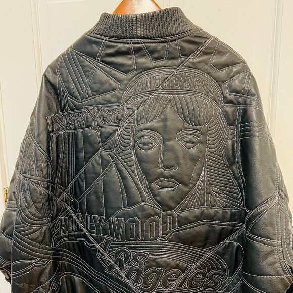 Vintage Max USA America Cities Embroided Leather Jacket 2XL Hip Hop Rare Y2K - Picture 14 of 16